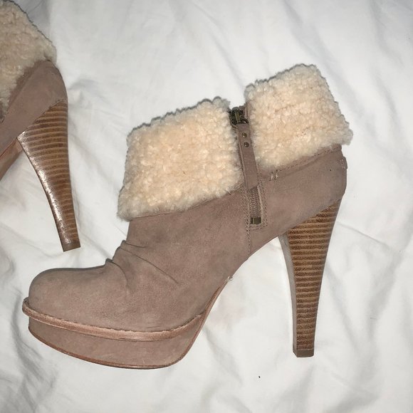 UGG GEORGETTE BOOTIES HIGH HEEL FUR SHOES WOMEN 10 - Picture 3 of 8